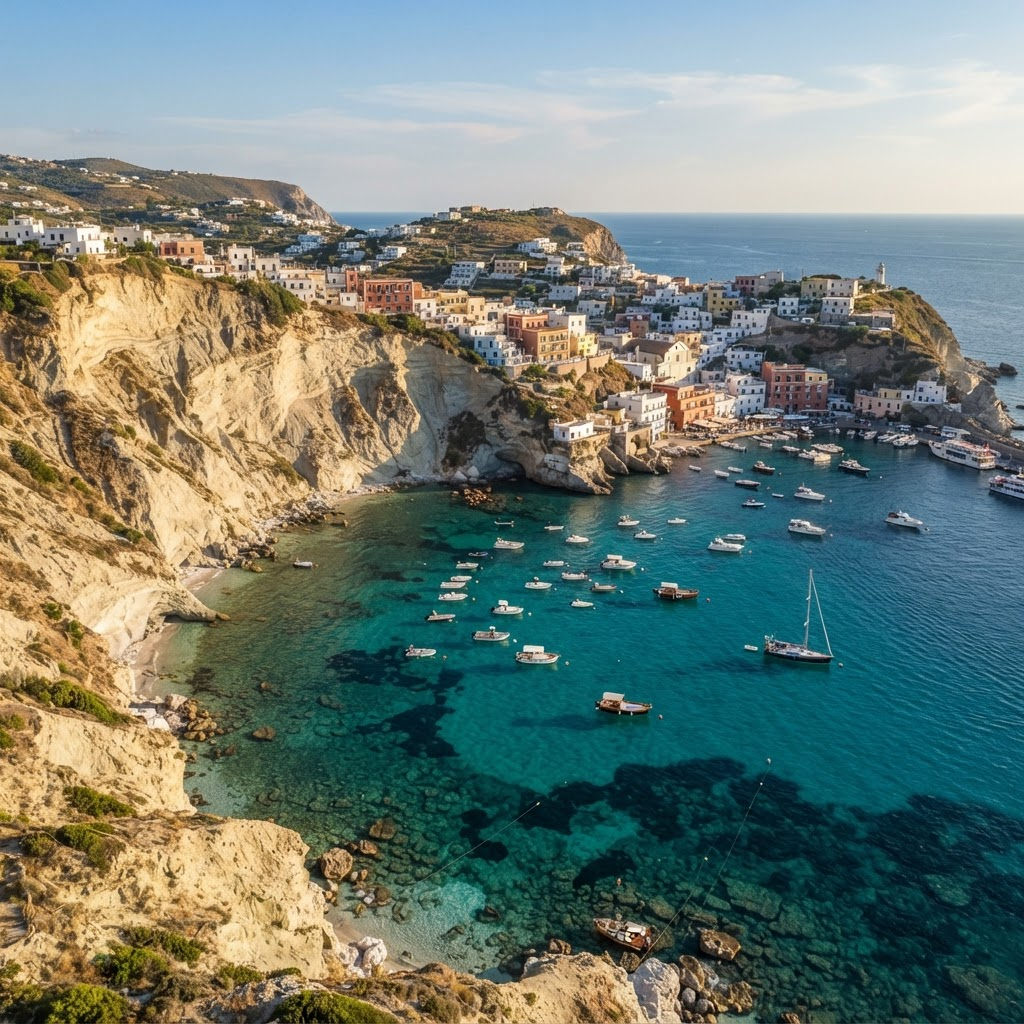 Veduta aerea della baia di Ponza con acqua turchese e scogliere