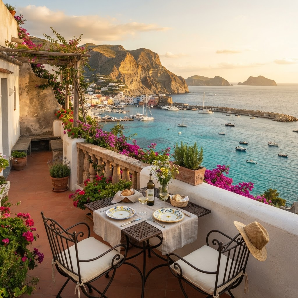 Terrazza con vista mare a Ponza al tramonto